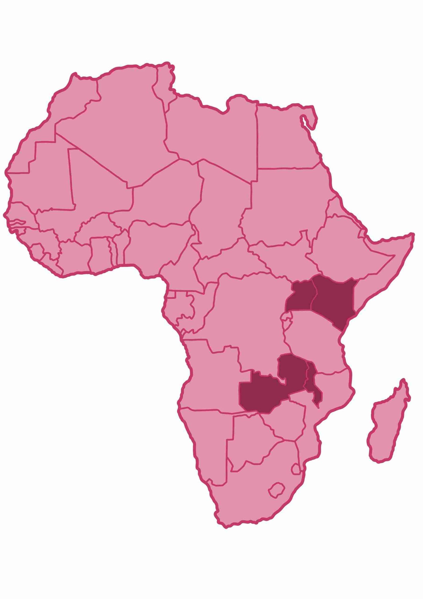 Map of East Africa showing Kenya, Uganda, Zambia and Malawi.